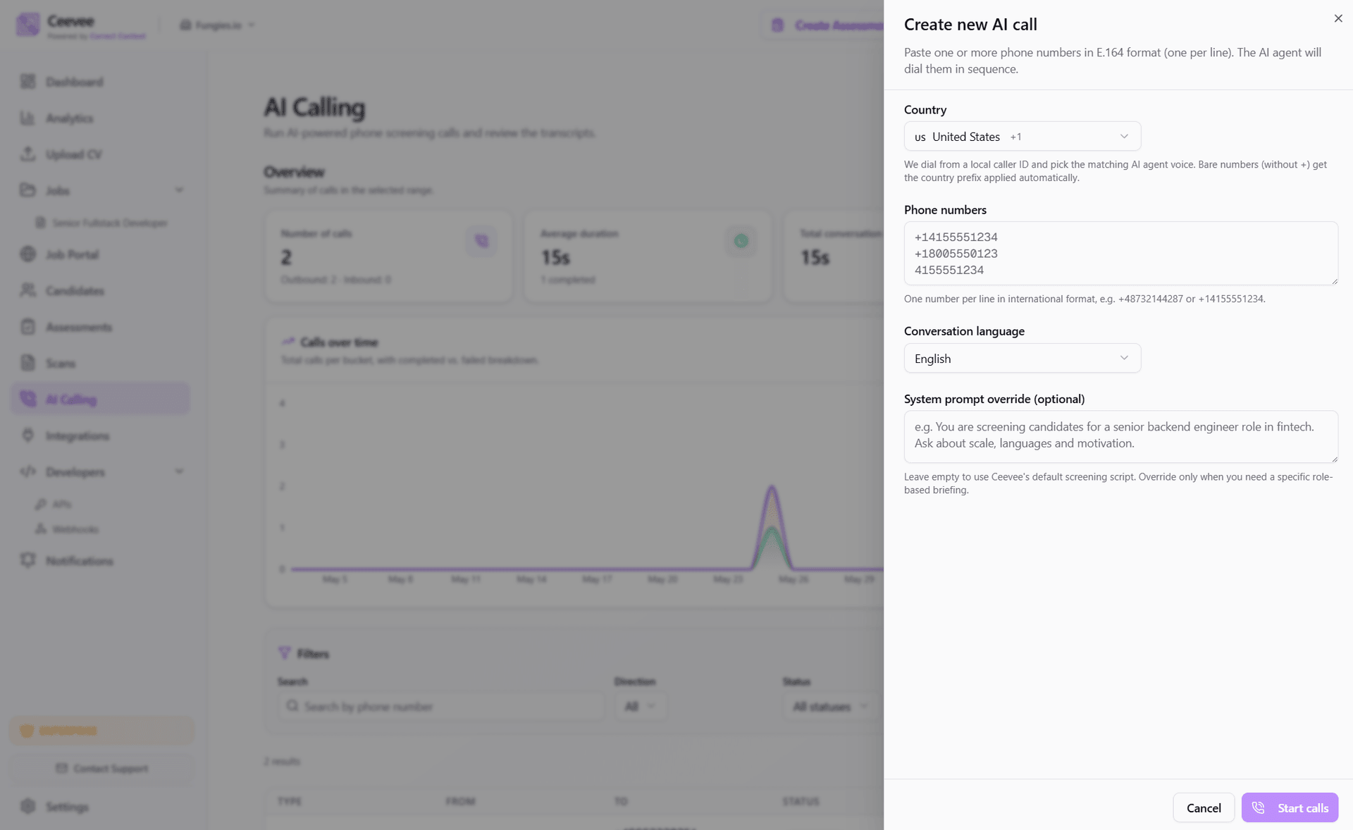 Create new AI call modal with phone numbers, country and system prompt fields