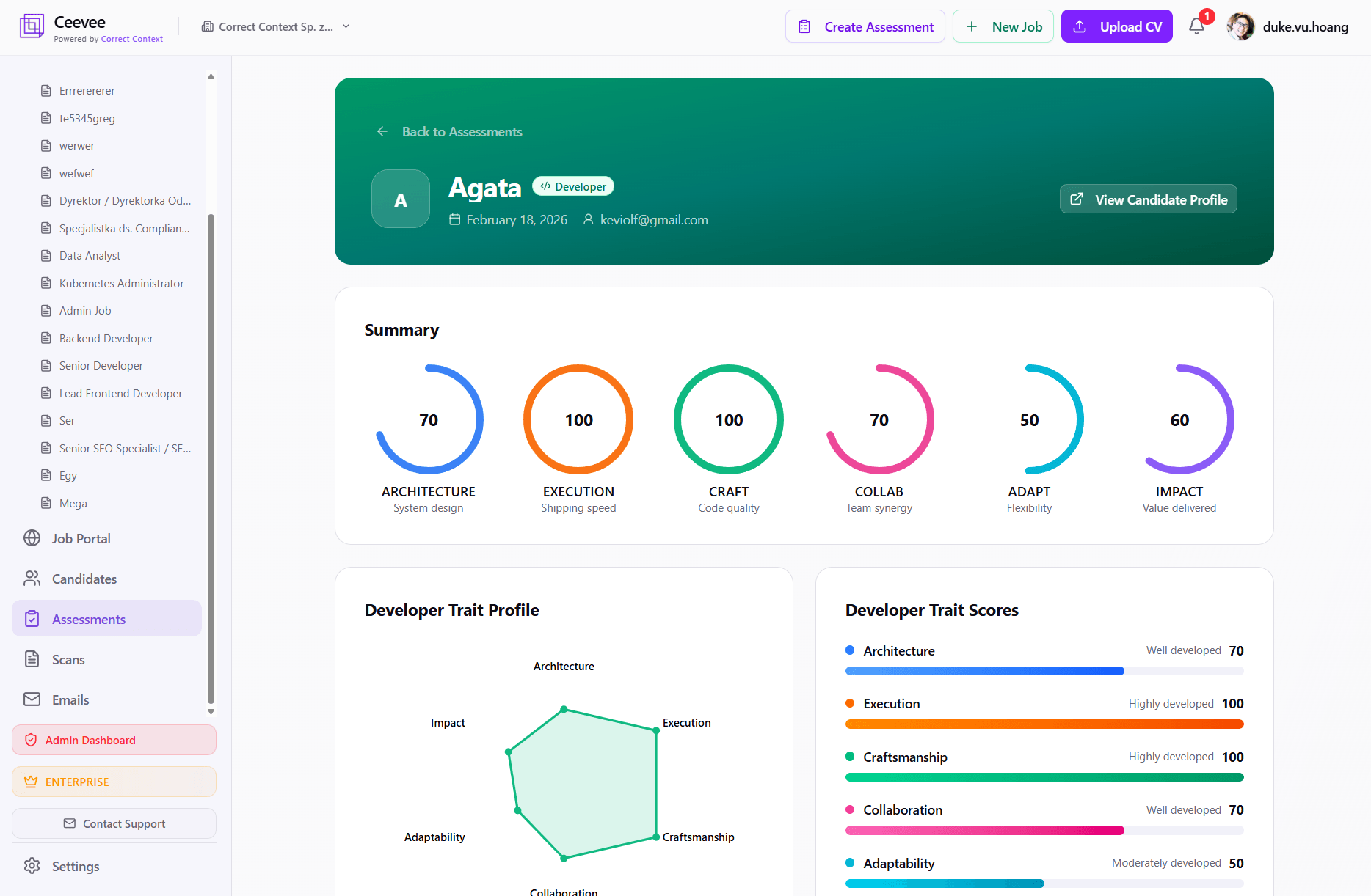 Developer assessment results with 6-axis radar chart