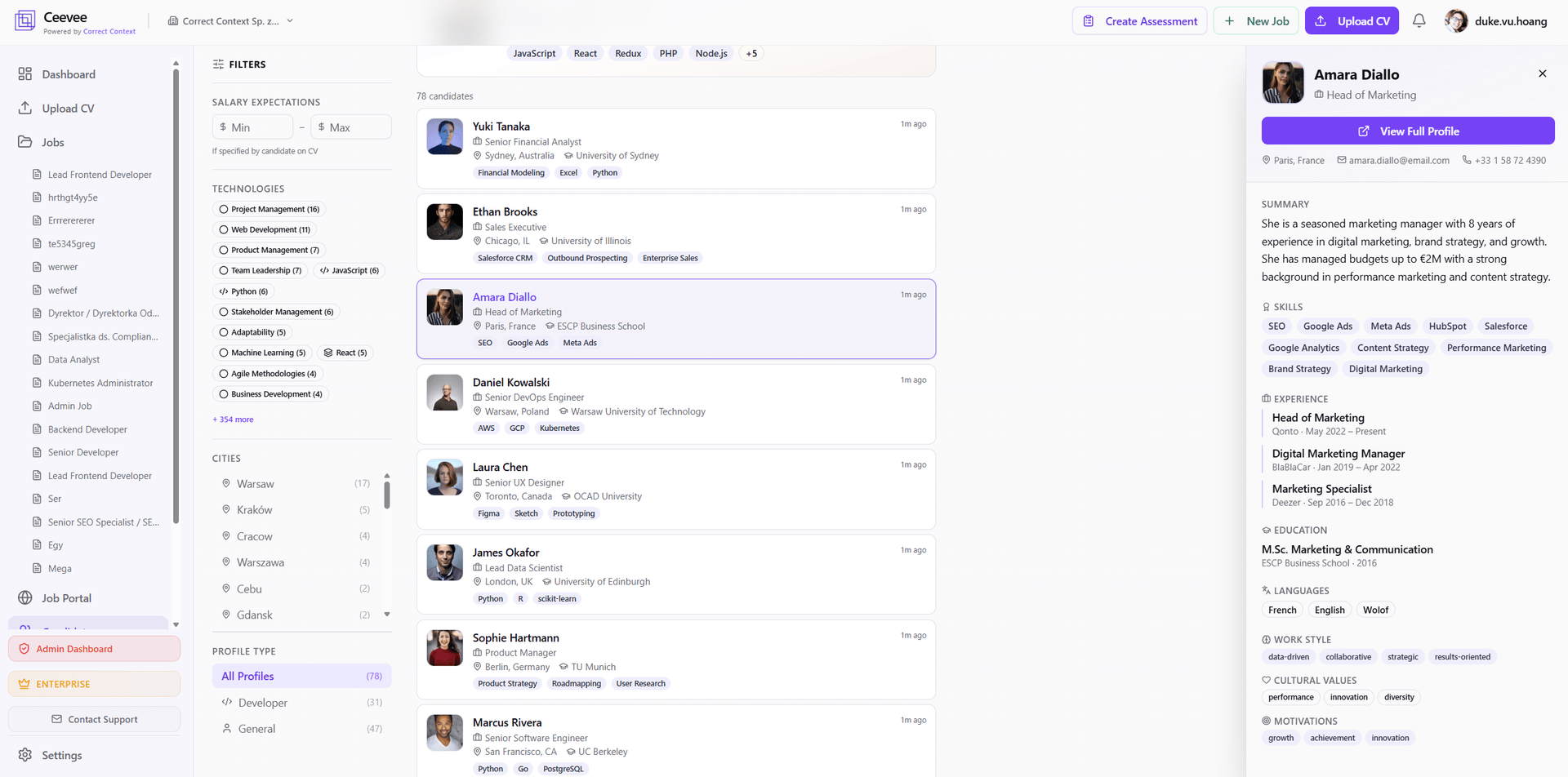 Ceevee candidate list with filter sidebar and quick-view profile pane