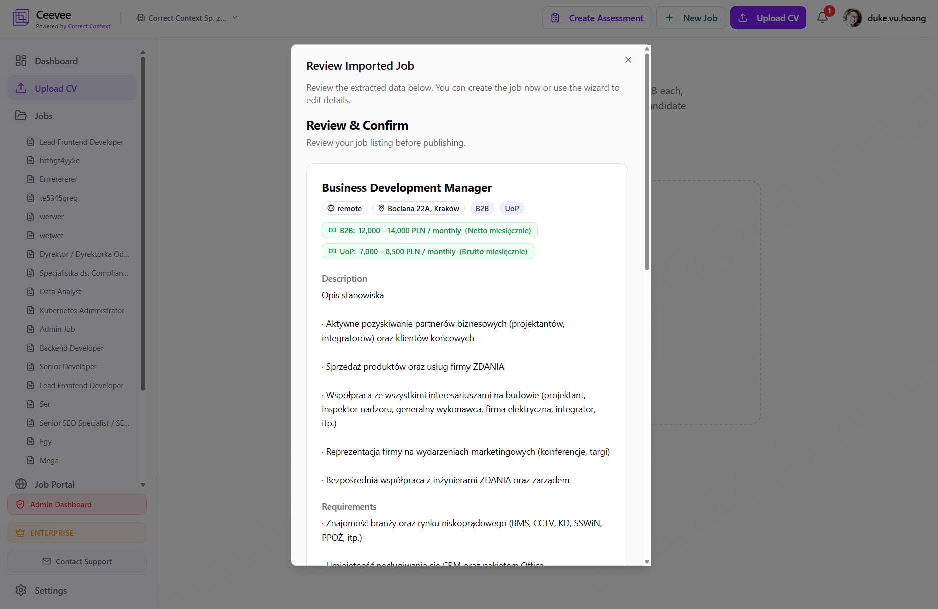 Ceevee job creator with imported Polish job posting