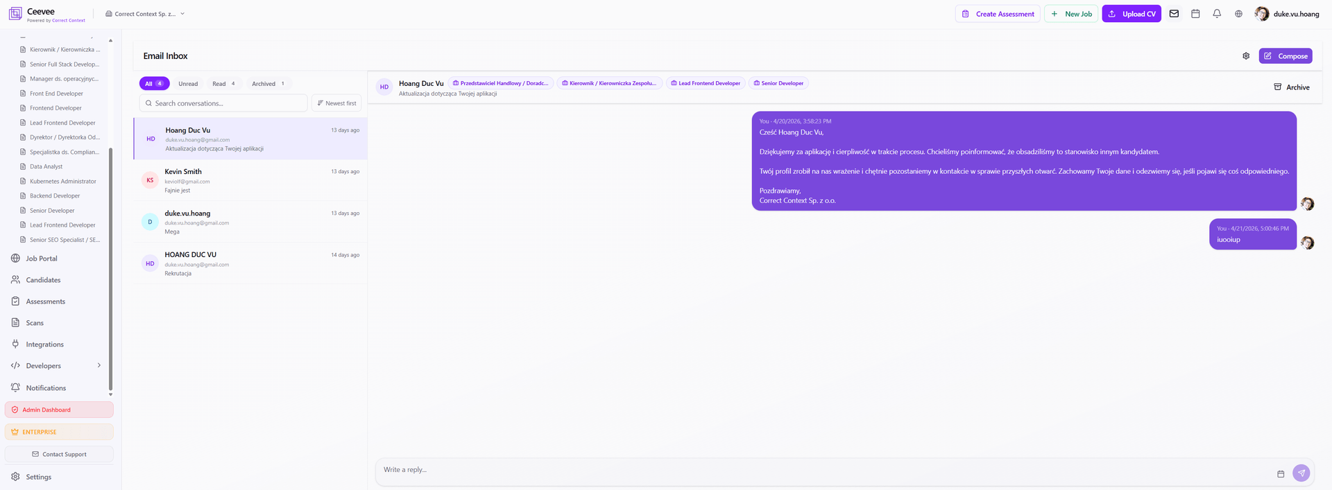 Ceevee unified inbox with conversations grouped by candidate