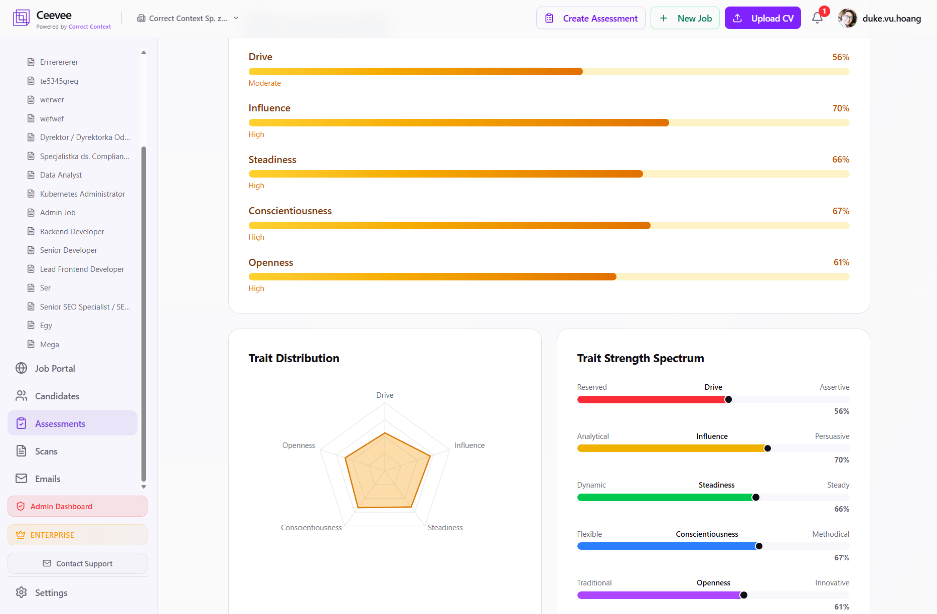 DISC-O assessment results with trait spectrum and radar chart