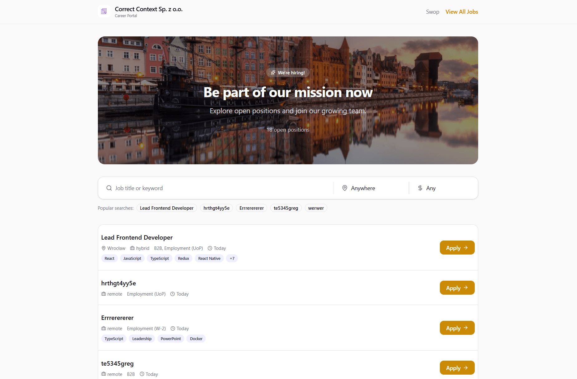 Ceevee Portal Editor showing live preview of branded careers page