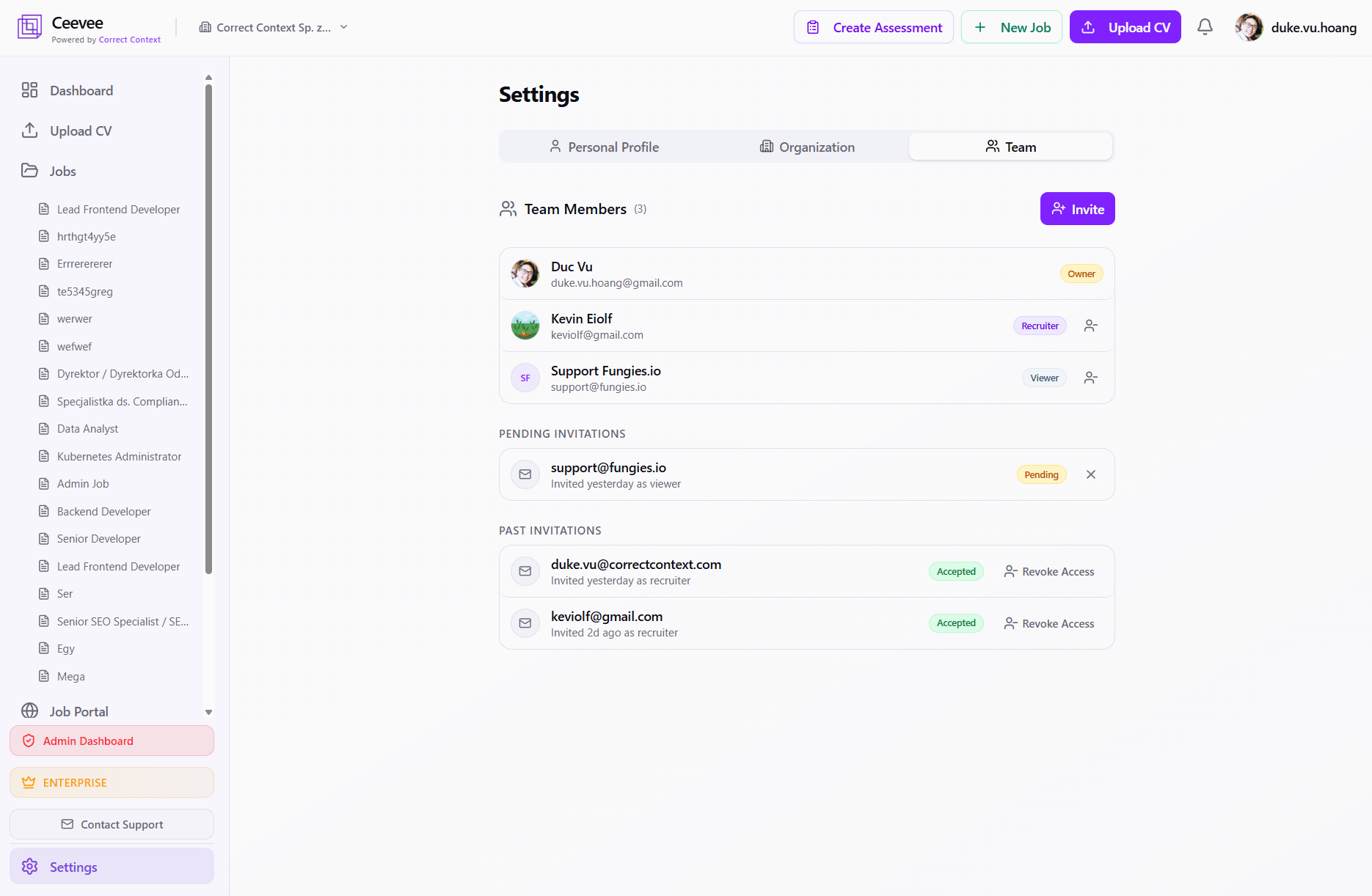 Ceevee Team Members settings with roles, pending invitations and past invitations