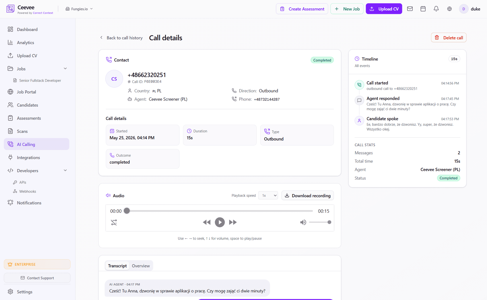 Call details page with timeline, audio player and transcript