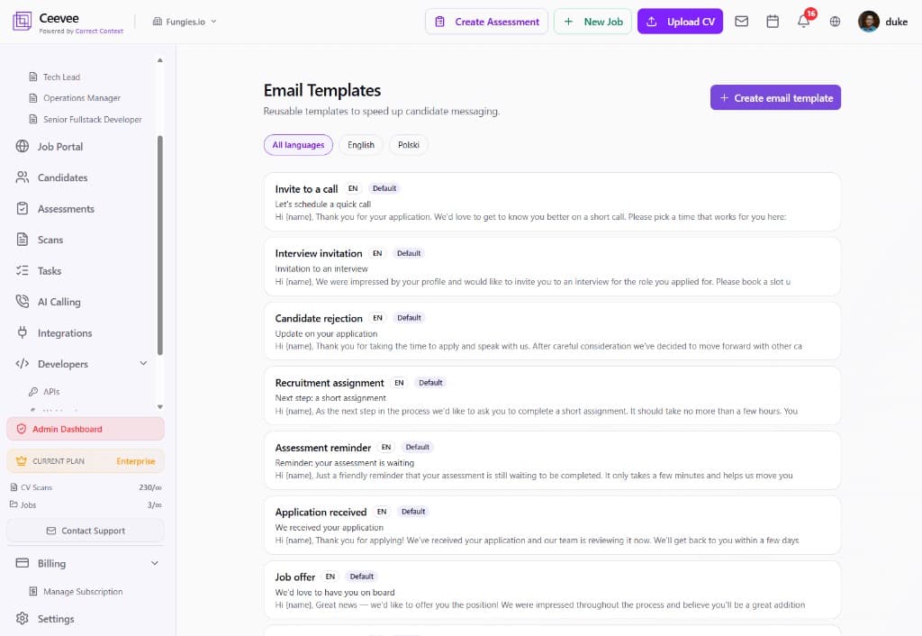 Email templates list with default templates in English and Polish