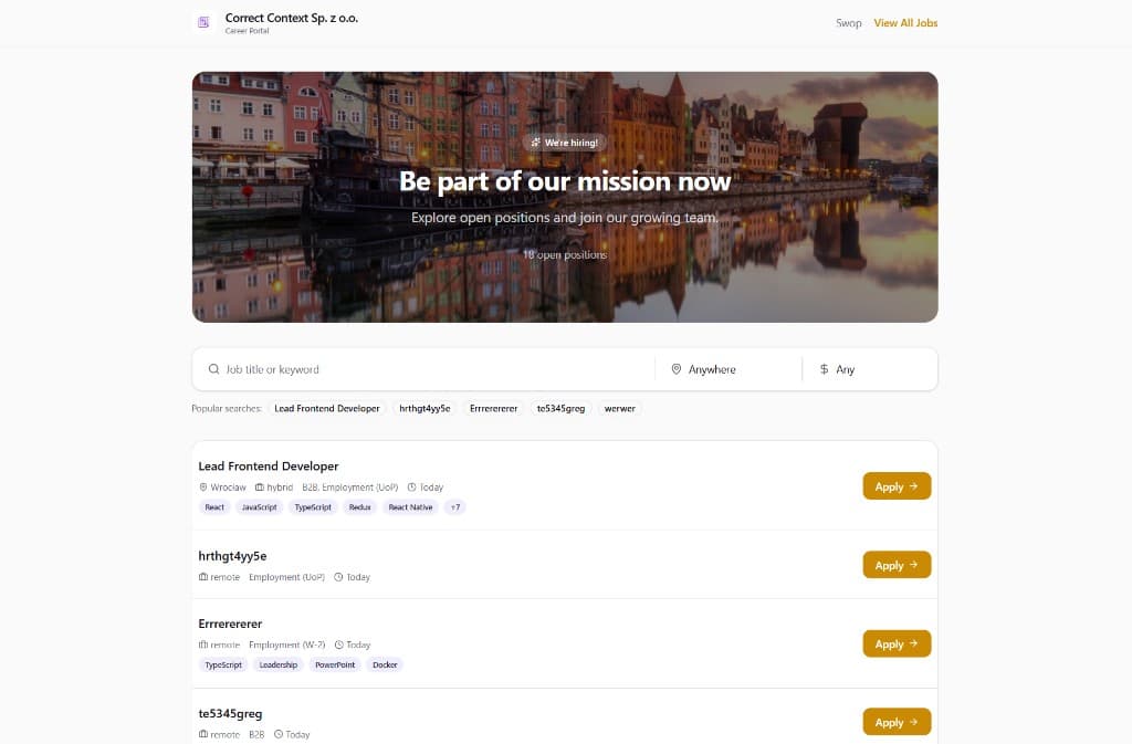 Public job portal with search and job listings