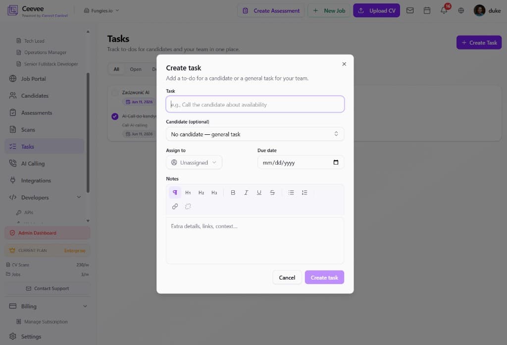Create task modal with candidate link, assignee, due date and rich-text notes